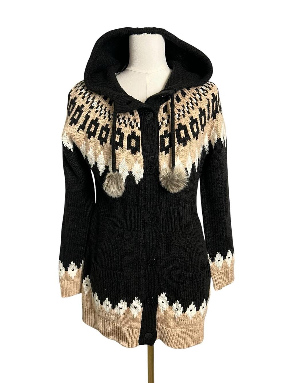 NWT H&M Cardigan Sweater Womens Small Black Fair Isle Hooded Pom Pom Knit Cozy